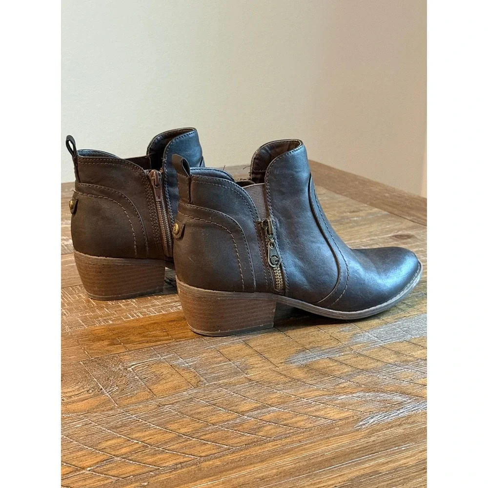 Guess Women's Brown Leather Side Zip Ankle Boots 7 Bootie‎ Block Heel Casual